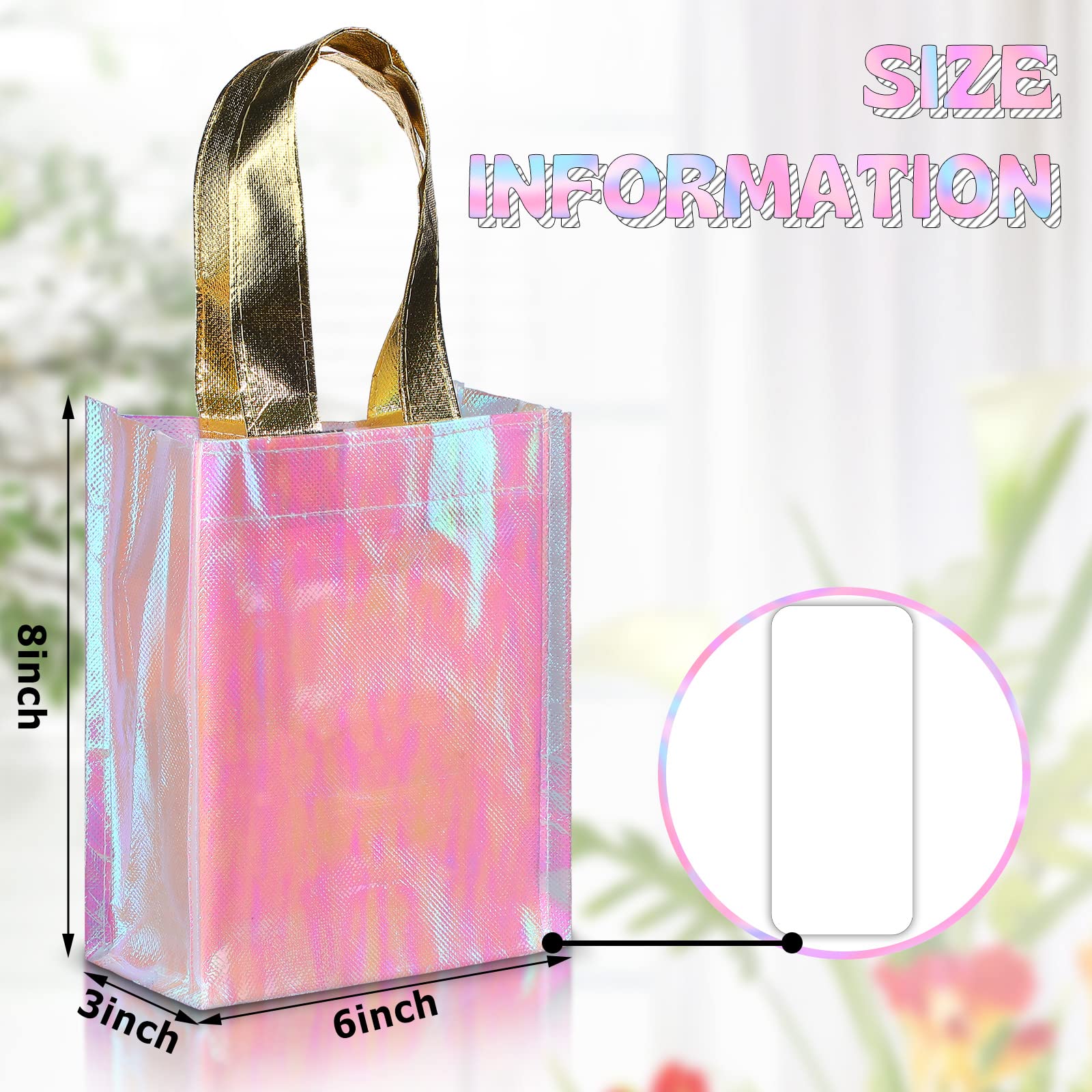 Jutom 20 Pieces Iridescent Gift Bags Bulk Reusable Tote Bag Party Favor Bags with Glossy Finish Birthday Gift Bags with Handles for Christmas Party Wedding(6 x 3 x 8 Inch,Pink)