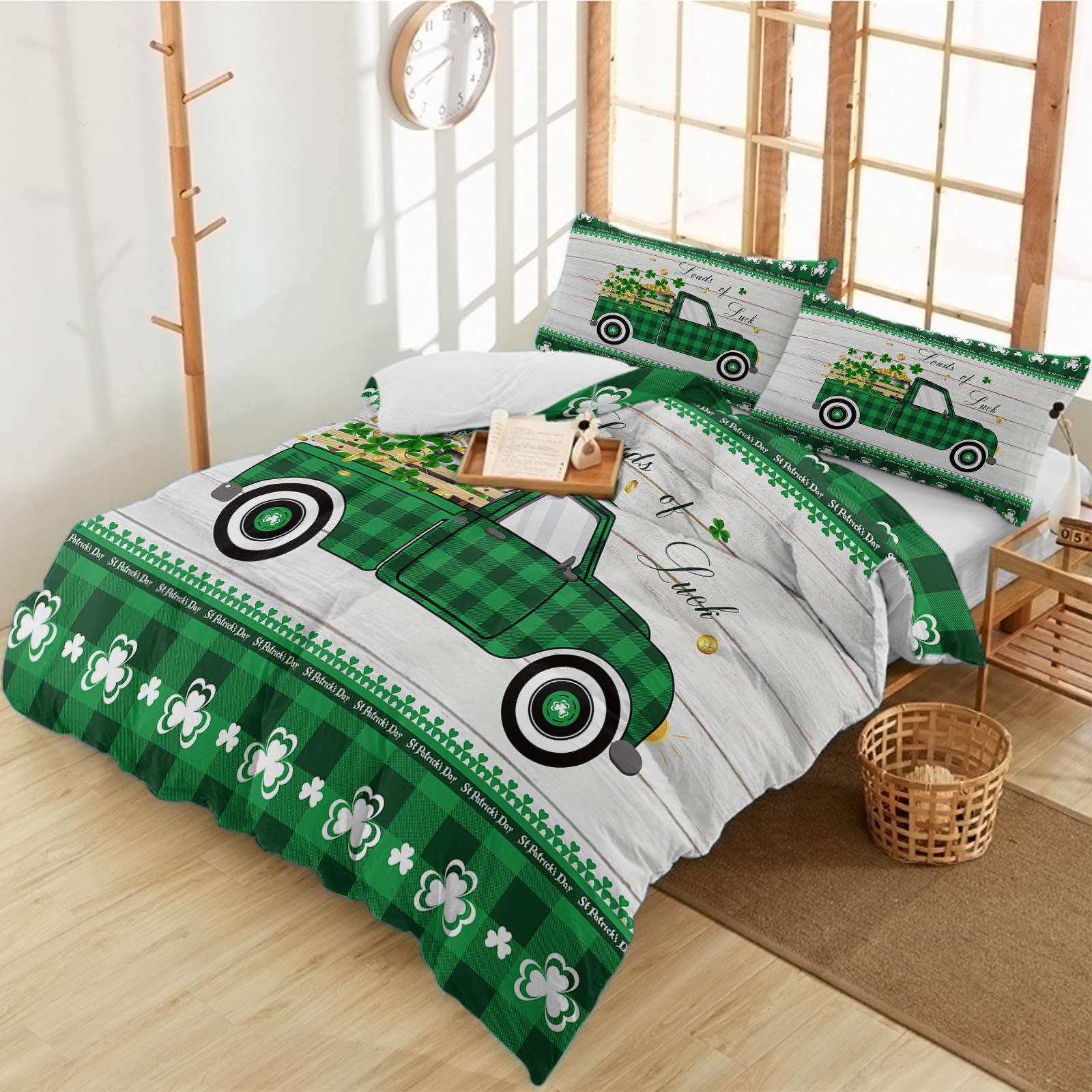 3 Pieces Duvet Cover Cal King Bedding Sets St. Patrick's Day Green Shamrock Plaid Retro Wood Board Soft Comforter Cover with Pillowcases Spring Clover Coin Microfiber Quilt Covers Set for Bedroom