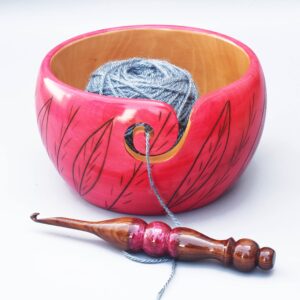 Premium Wooden Yarn Bowl for Crocheting & Knitting 7" x 4" - Large Yarn Bowl Holder - Wooden Yarn Storage Bowl - Crocheting Accessories & Gifts for Mom - Leaves Design Pink