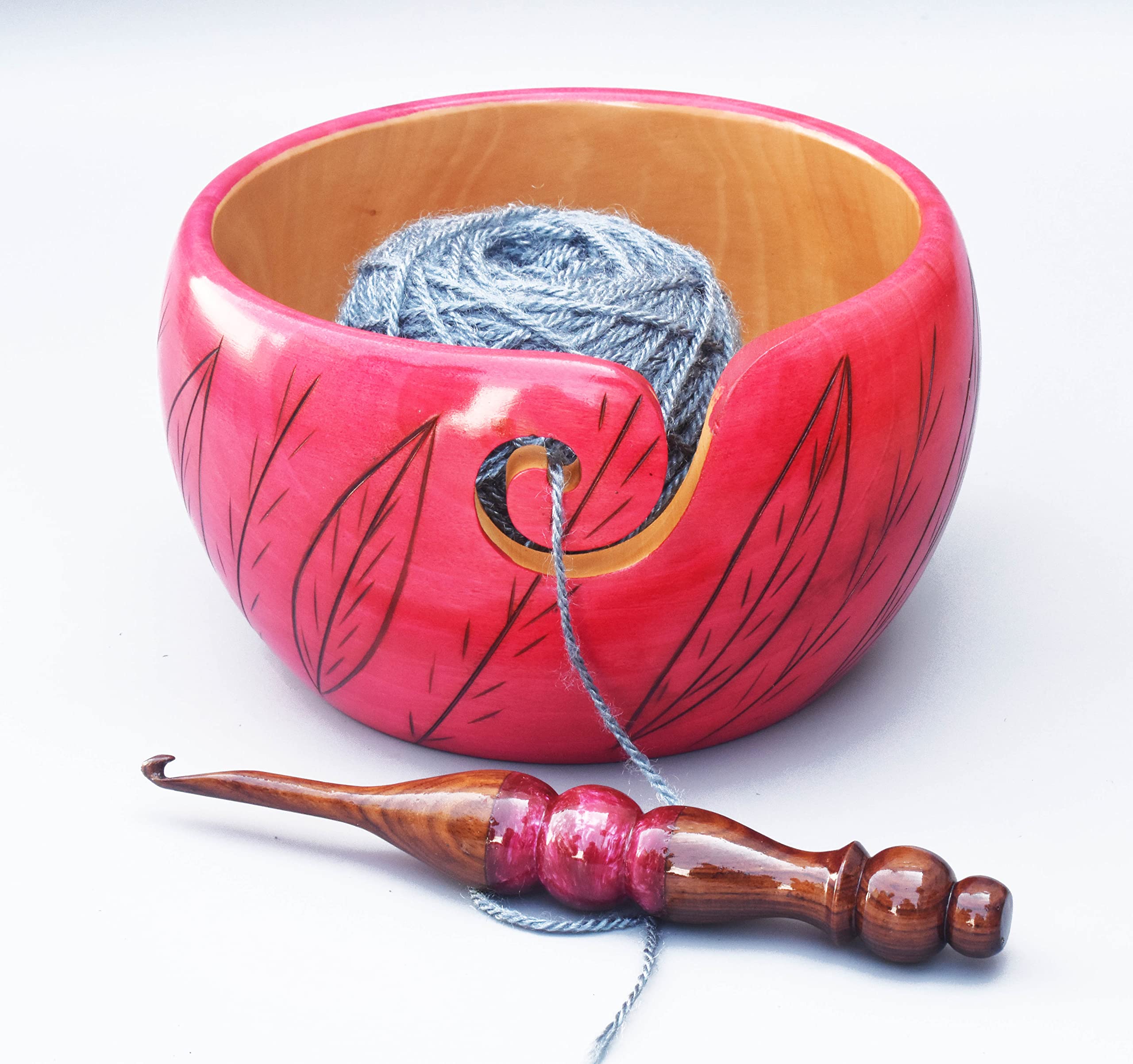 Premium Wooden Yarn Bowl for Crocheting & Knitting 7" x 4" - Large Yarn Bowl Holder - Wooden Yarn Storage Bowl - Crocheting Accessories & Gifts for Mom - Leaves Design Pink