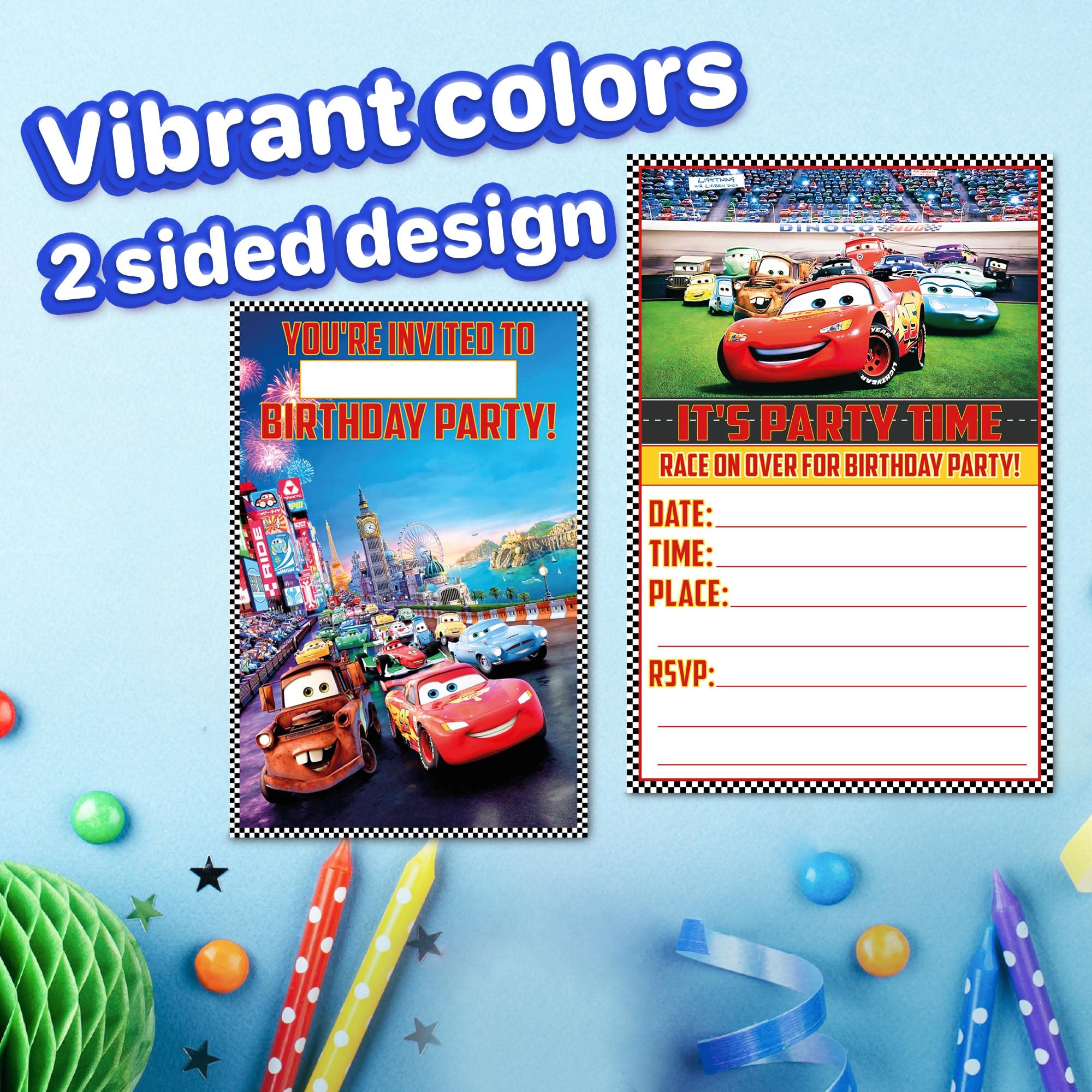 30x Cars Birthday Invitations and Envelopes – Fill-in Happy Birthday Party Invitations for Kids, 6X4 Inches, Postcard Style