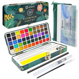 artecho watercolor paint set 50 colors, travel watercolor set with watercolor papers and brushes, ideal for amateur hobbyists, painting lovers and artists