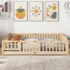 lls queen floor bed for children, durable montessori floor bed with wood slats, safety fence & small door, wood floor bed frame for girls boys children, natural (with bed slats)