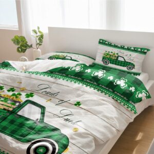 3 Pieces Duvet Cover Cal King Bedding Sets St. Patrick's Day Green Shamrock Plaid Retro Wood Board Soft Comforter Cover with Pillowcases Spring Clover Coin Microfiber Quilt Covers Set for Bedroom