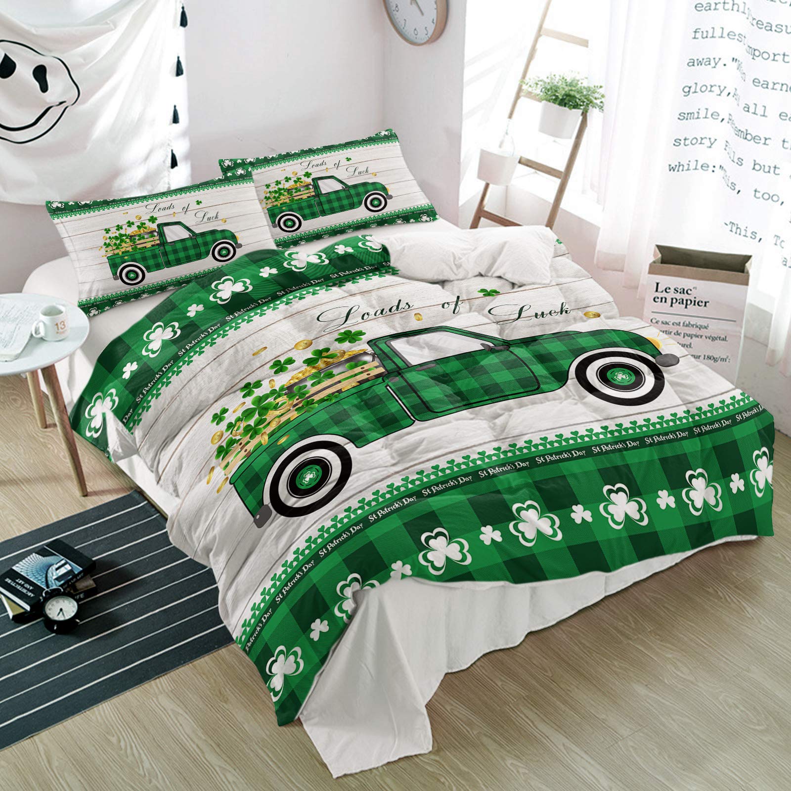 3 Pieces Duvet Cover Cal King Bedding Sets St. Patrick's Day Green Shamrock Plaid Retro Wood Board Soft Comforter Cover with Pillowcases Spring Clover Coin Microfiber Quilt Covers Set for Bedroom