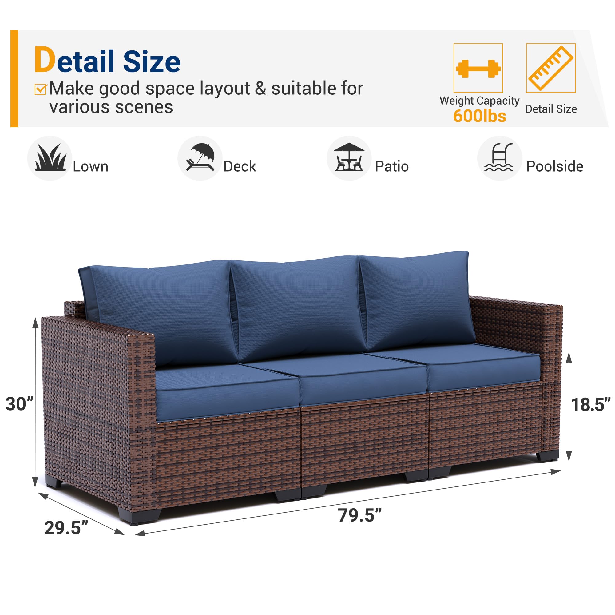 UDPATIO 3-Seat Patio Wicker Sofa, Outdoor Rattan Sectional Couch Furniture Steel Frame w/Furniture Cover Non-Slip Cushion and Deep Seating High Back, Navy