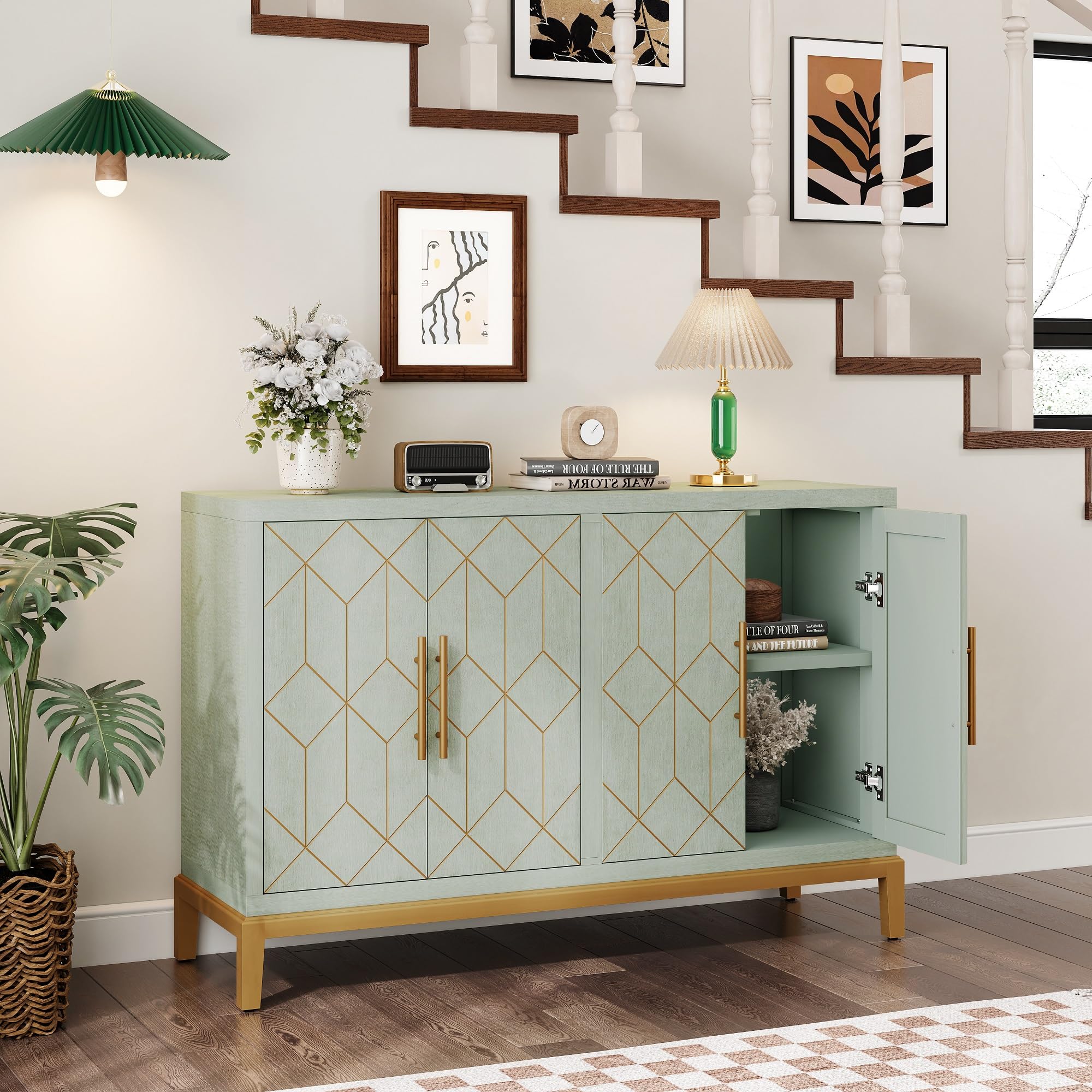 HLR 48" Accent Cabinet with 4 Doors and Shelves, Modern Credenza Storage Cabinet with Gold Trim, Green Buffet Cabinet for Living Room, Kitchen, Dining Room, Hallway