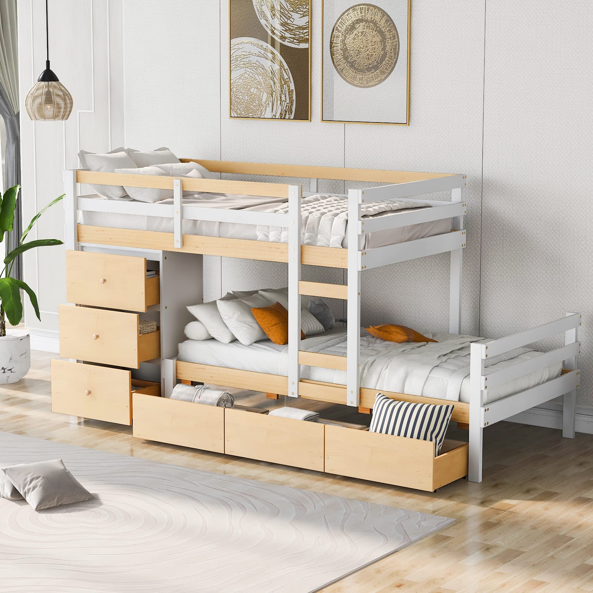 Bellemave Low Loft Bed with Storage Drawers and Dresser, Wood Twin Over Twin Bunk Bed Frame for 2 Kids, Modern Junior Loft Beds with Storage and Platform Bed for Boys Girls Teen,White With Natural