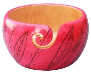 premium wooden yarn bowl for crocheting & knitting 7" x 4" - large yarn bowl holder - wooden yarn storage bowl - crocheting accessories & gifts for mom - leaves design pink