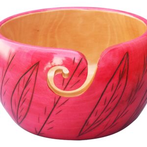 Premium Wooden Yarn Bowl for Crocheting & Knitting 7" x 4" - Large Yarn Bowl Holder - Wooden Yarn Storage Bowl - Crocheting Accessories & Gifts for Mom - Leaves Design Pink