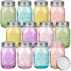 pinkunn 12 pcs 16 oz colored mason jars with lids bulk, vintage color glass mason jars for storage airtight regular mouth canning jar multifunction glass container for fermenting jelly diy crafts