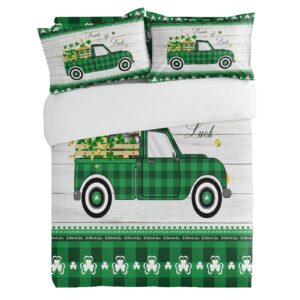 3 Pieces Duvet Cover Cal King Bedding Sets St. Patrick's Day Green Shamrock Plaid Retro Wood Board Soft Comforter Cover with Pillowcases Spring Clover Coin Microfiber Quilt Covers Set for Bedroom