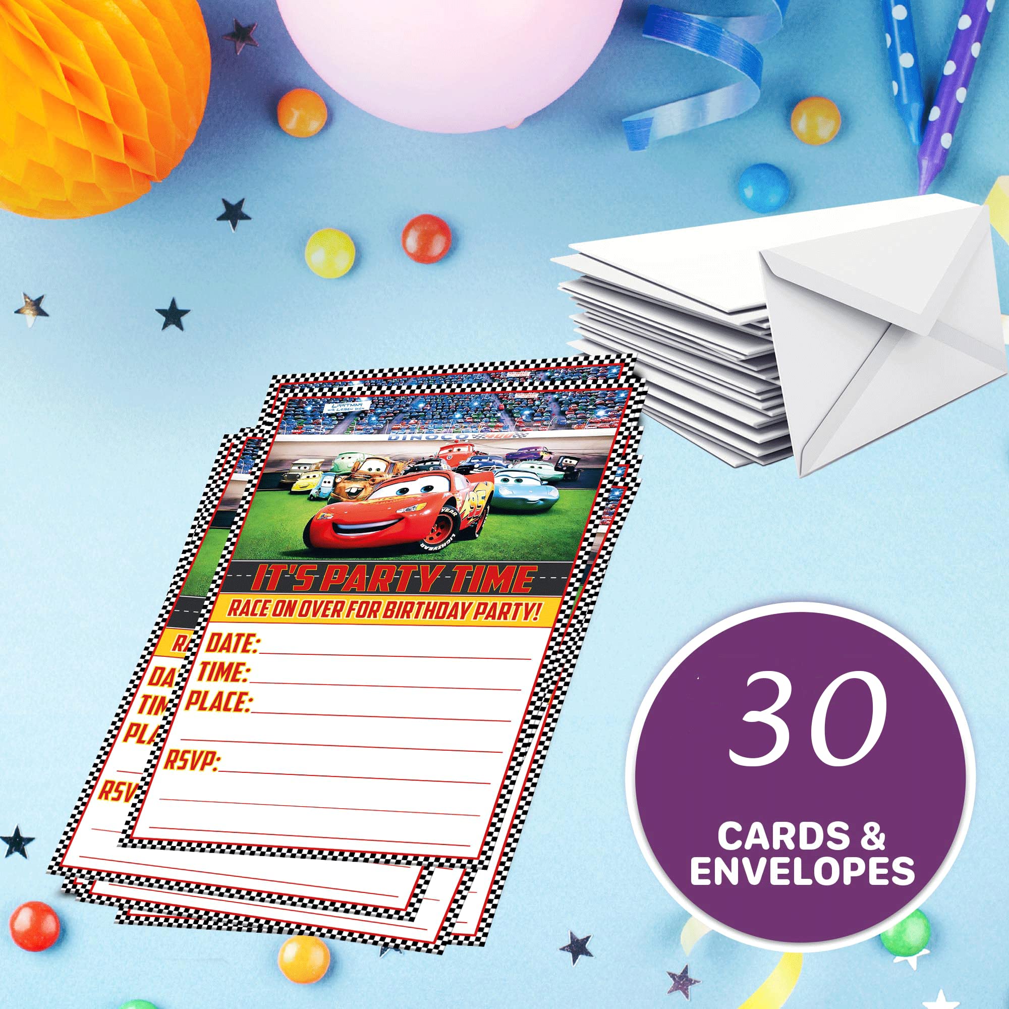 30x Cars Birthday Invitations and Envelopes – Fill-in Happy Birthday Party Invitations for Kids, 6X4 Inches, Postcard Style