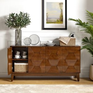 HULALA HOME Mid Century Sideboard Buffet Cabinet with Solid Wood Legs, 60" Kitchen Storage Cabinet Credenza with 4 Doors and 2 Shelves, Accent Console Table, Walnut