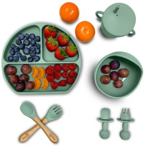 O'doe 17-Piece BPA-Free Silicone Baby Feeding Set | Thick & Soft Suction Plates, Baby Bowls, Wooden Fork & Spoon, and More | Make Mealtime Fun and Easy for Your Little One (Green, V2)