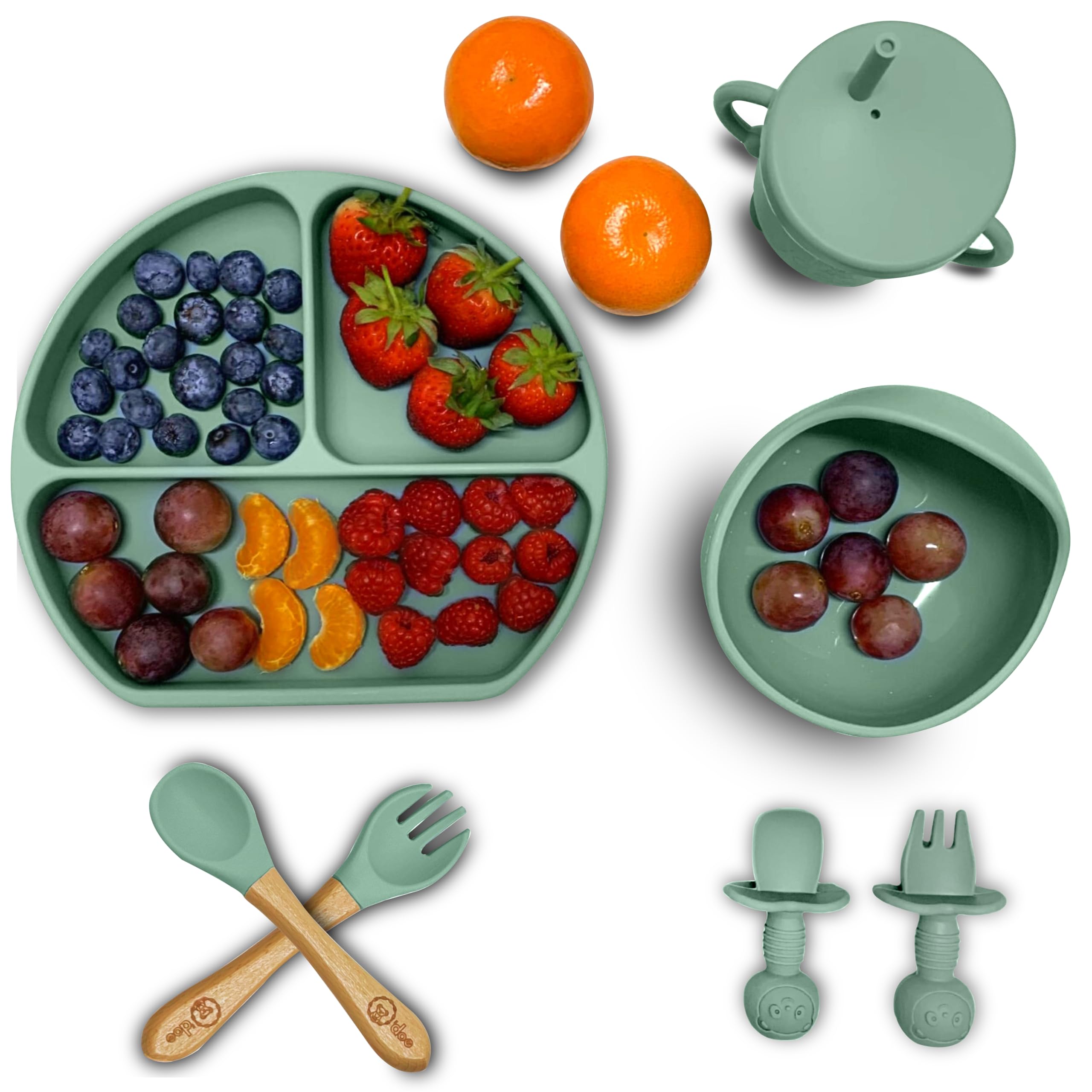 O'doe 17-Piece BPA-Free Silicone Baby Feeding Set | Thick & Soft Suction Plates, Baby Bowls, Wooden Fork & Spoon, and More | Make Mealtime Fun and Easy for Your Little One (Green, V2)