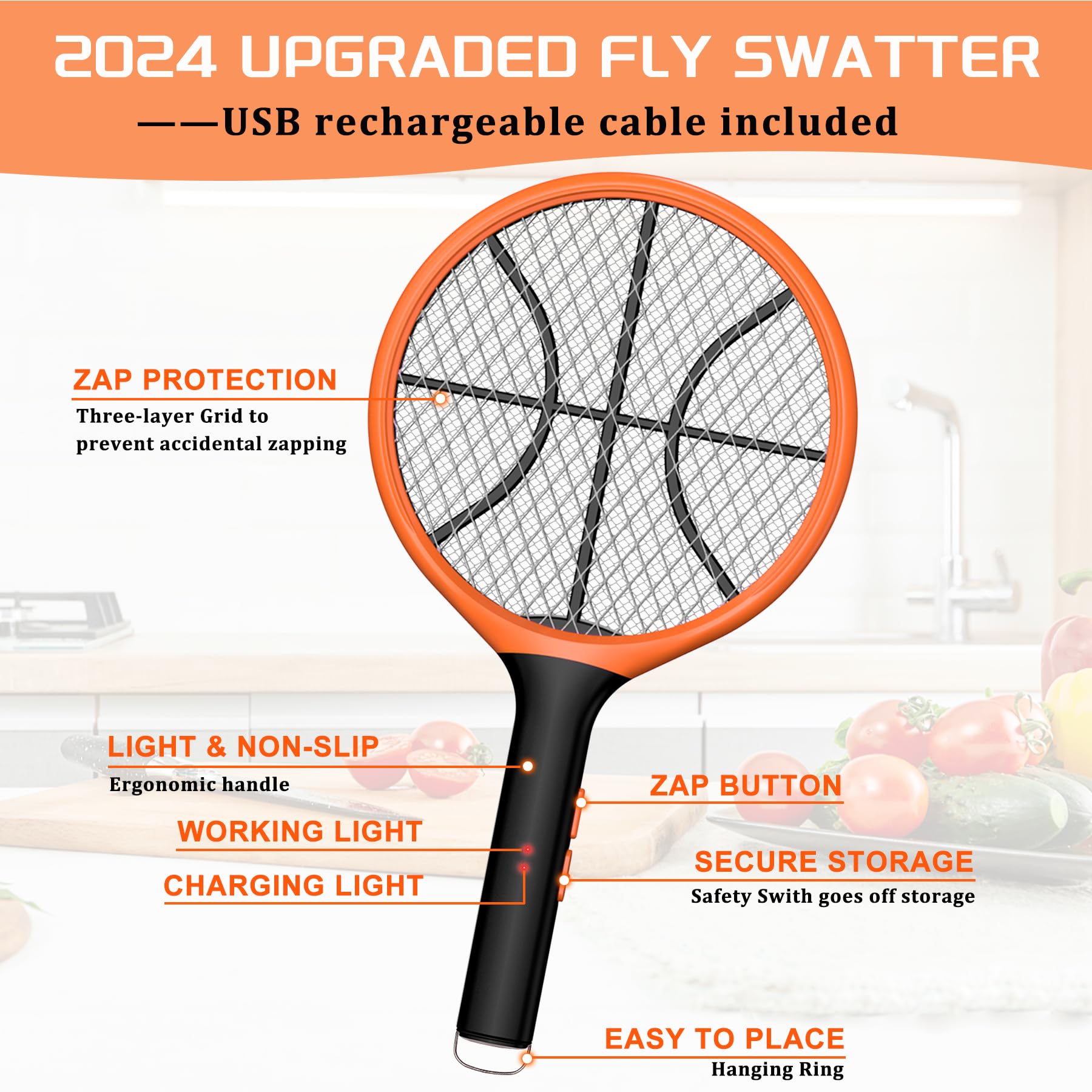 LUOJIBIE Electric Fly Swatter, Bug Zapper Racket Rechargeable Mosquito Zapper Handheld Fly Zapper with Hanging Ring for Home Indoor Outdoor, Large Size-2 Pack