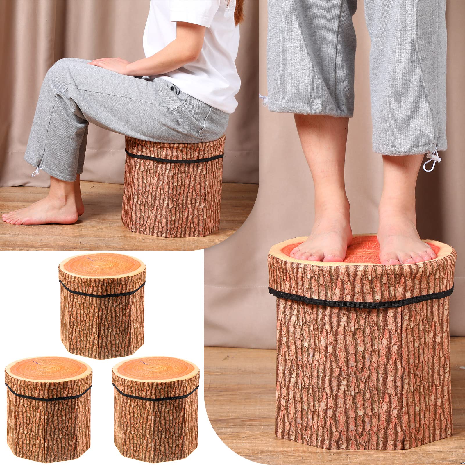 Amylove 3 Pack Tree Stump Storage Stool 12 x 12 Inch Storage Stool Ottoman, Cute Folding Storage Toy Box with Foam Cushion, Collapsible Storage Seat Chest (Classic)