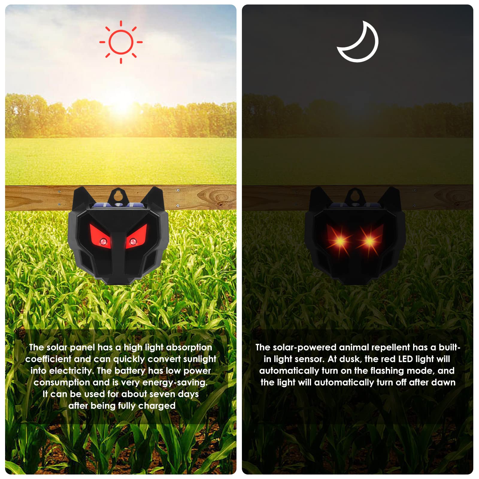 4 Pack Solar Powered Animal Repellent, Nighttime Animal Deterrent Repellent with Red LED Lights Waterproof Wild Animal Predator Deterrent Repel Coyote, Raccoon, Fox, Skunk from Yard Farm Animal Model