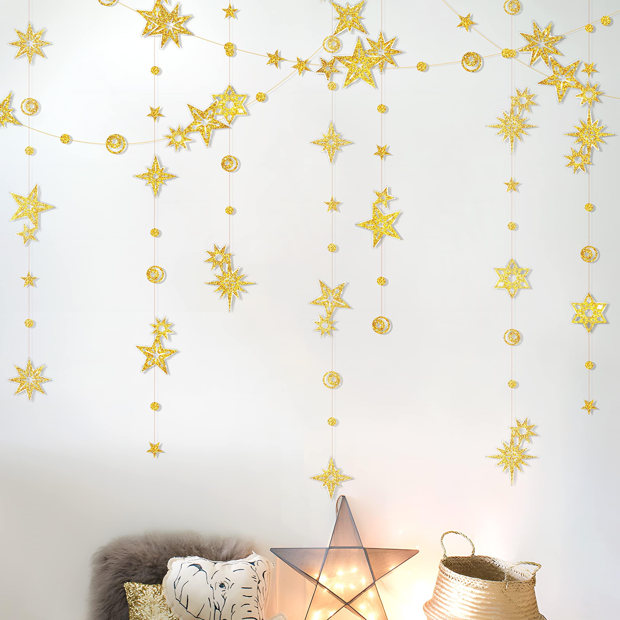 Cheerland Glitter Gold Star Garland Star Party Decorations Starry Banner Backdrop Hanging Stars Moon and Stars Garland Birthday Decorations Gold Party Decor Ramadan EID New Year Graduation Streamer