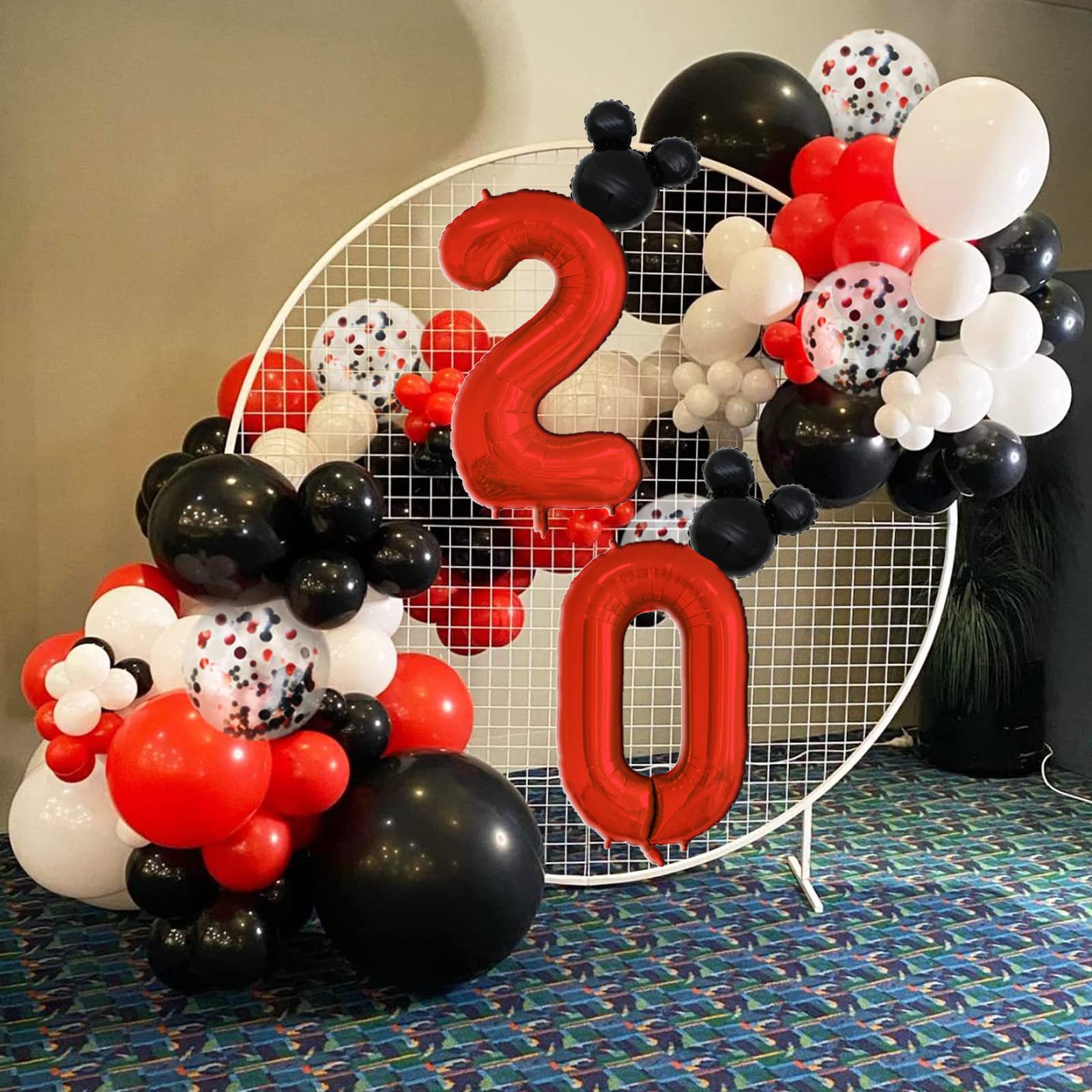 40 inch Red Number 2 Balloon & Mini Mouse Head Balloon, 2nd Birthday Party Decoration Balloons, Cartoon Mouse Birthday Party Supplies Baby Shower Decoration, Red Black Theme Party Decorations Supplies