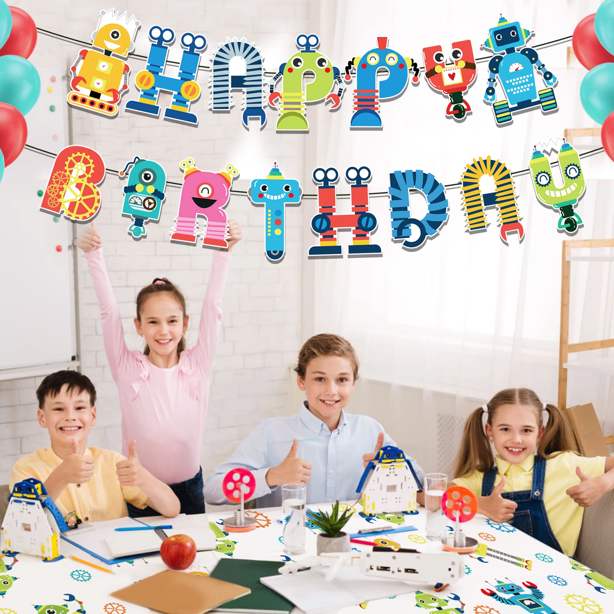 Robot Birthday Party Banner Robots Happy Birthday Banner Cartoon Birthday Sign Baby Shower Photo Props Kids Robot Birthday Party Supplies and Decorations