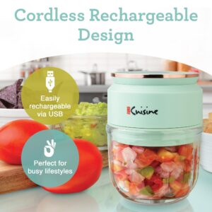 Euro Cuisine Mini Cordless/Rechargeable Chopper with USB Cord & Glass Bowl Electric Mini Garlic Chopper, Mini Food Processor 1 Cup, Mini Food Grinder, Mini Chopper Electric