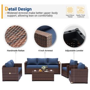 UDPATIO 3-Seat Patio Wicker Sofa, Outdoor Rattan Sectional Couch Furniture Steel Frame w/Furniture Cover Non-Slip Cushion and Deep Seating High Back, Navy