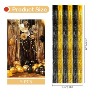 Ohiyoo 5 Pack Black and Gold Fringe Curtain Backdrop 3.2ft x 8.2ft Metallic Tinsel Foil Fringe Curtains for Photo Booth Props Birthday Party Decorations Wedding Graduation Carnival Party Decorations