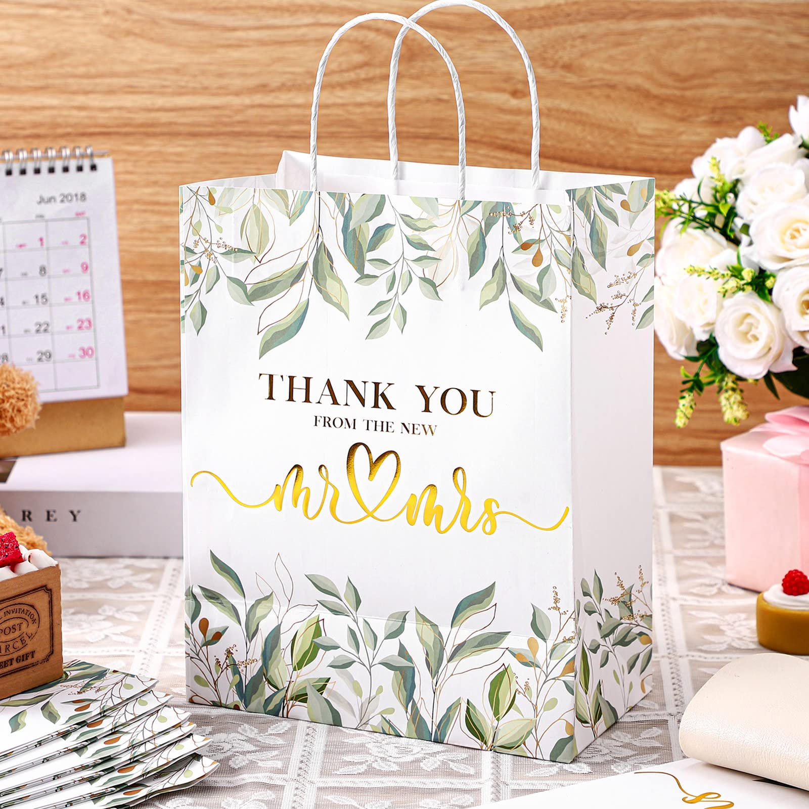 24 Pcs Thank You Wedding Gift Bags Bulk Wedding Paper Gift Bag with Handles Thank You Paper Bags Wedding Welcome Bags Wedding Favor Bags for Guests Bridal Shower Gifts Wedding Favors, 8 x 4 x 10 Inch