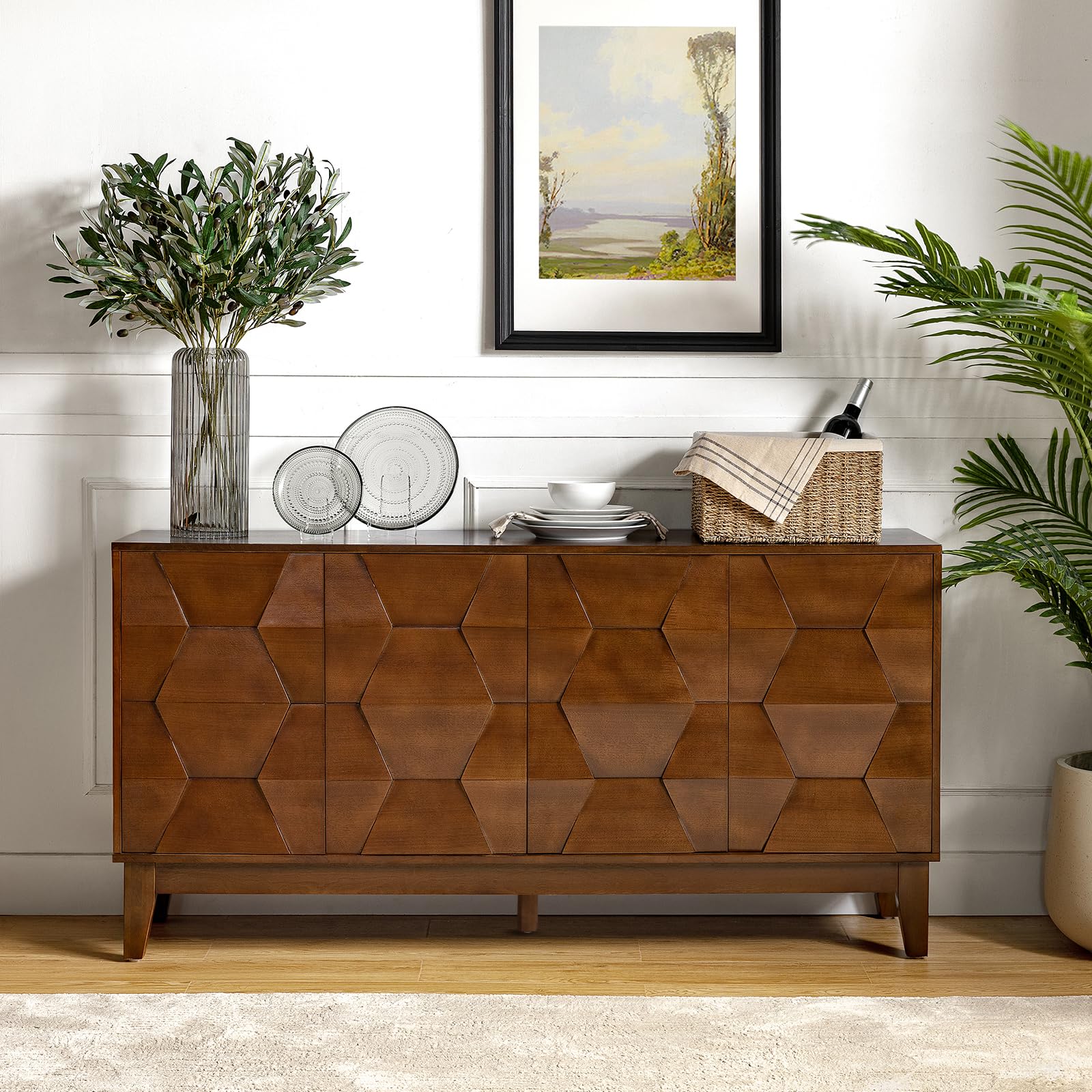 HULALA HOME Mid Century Sideboard Buffet Cabinet with Solid Wood Legs, 60" Kitchen Storage Cabinet Credenza with 4 Doors and 2 Shelves, Accent Console Table, Walnut