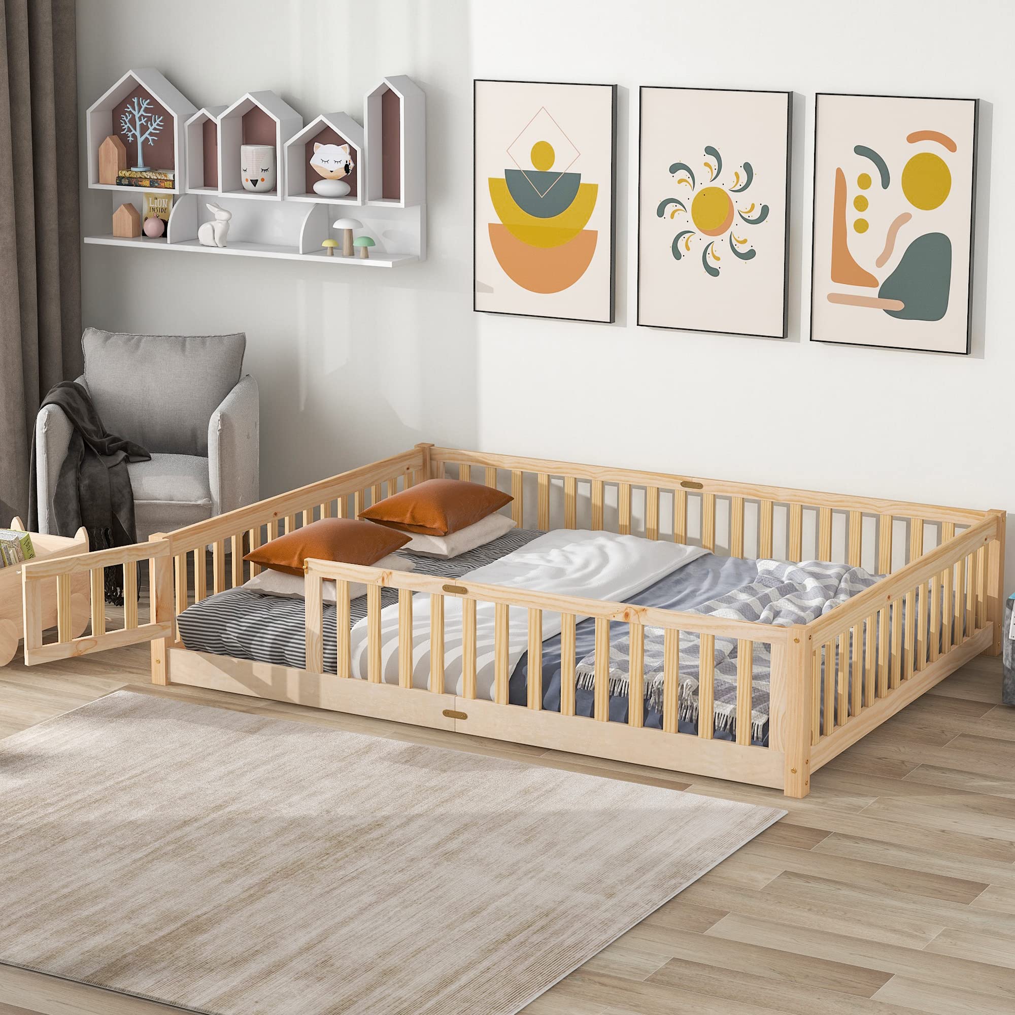 LLS Queen Floor Bed for Children, Durable Montessori Floor Bed with Wood Slats, Safety Fence & Small Door, Wood Floor Bed Frame for Girls Boys Children, Natural (with Bed Slats)