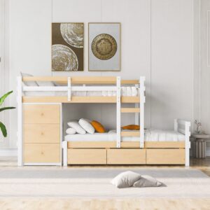 Bellemave Low Loft Bed with Storage Drawers and Dresser, Wood Twin Over Twin Bunk Bed Frame for 2 Kids, Modern Junior Loft Beds with Storage and Platform Bed for Boys Girls Teen,White With Natural