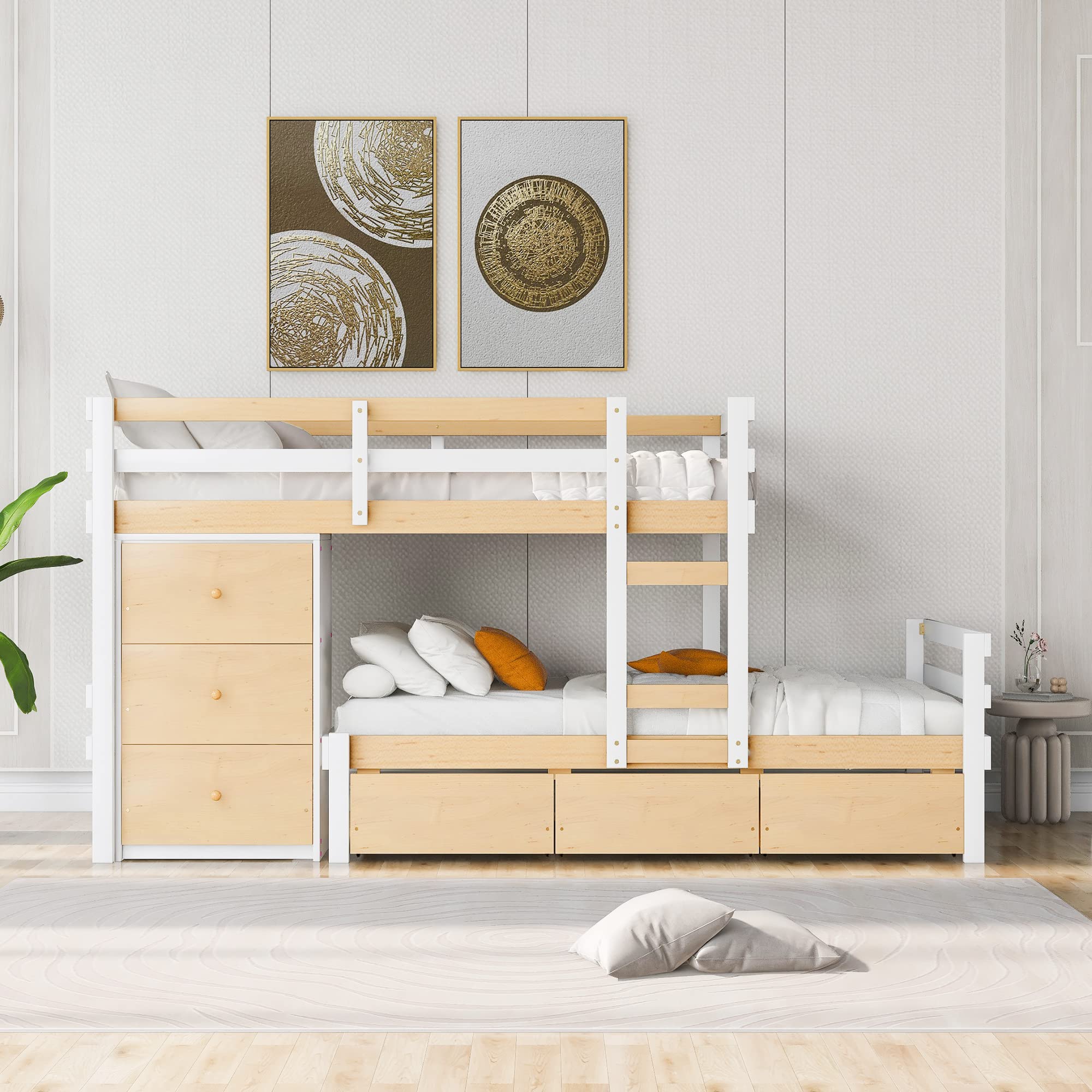 Bellemave Low Loft Bed with Storage Drawers and Dresser, Wood Twin Over Twin Bunk Bed Frame for 2 Kids, Modern Junior Loft Beds with Storage and Platform Bed for Boys Girls Teen,White With Natural