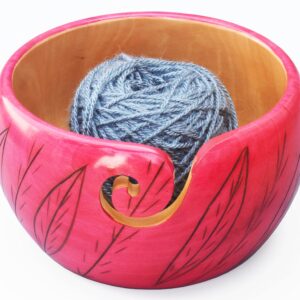 Premium Wooden Yarn Bowl for Crocheting & Knitting 7" x 4" - Large Yarn Bowl Holder - Wooden Yarn Storage Bowl - Crocheting Accessories & Gifts for Mom - Leaves Design Pink