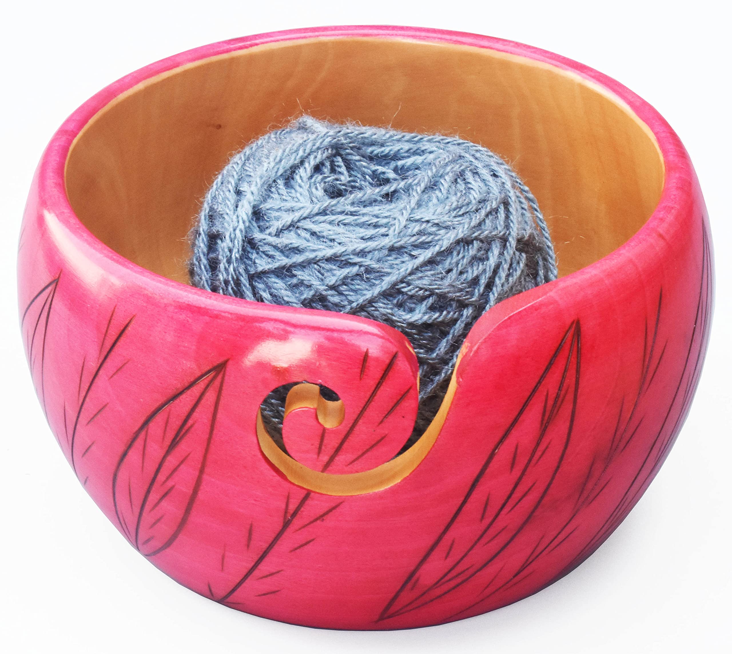 Premium Wooden Yarn Bowl for Crocheting & Knitting 7" x 4" - Large Yarn Bowl Holder - Wooden Yarn Storage Bowl - Crocheting Accessories & Gifts for Mom - Leaves Design Pink