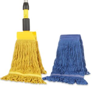 commercial string mop, looped-end string wet mop with extra mop heads replacement, 57inch mop handle, heavy duty industrial commercial mop for home, garage, office floor cleaning, blue/yellow