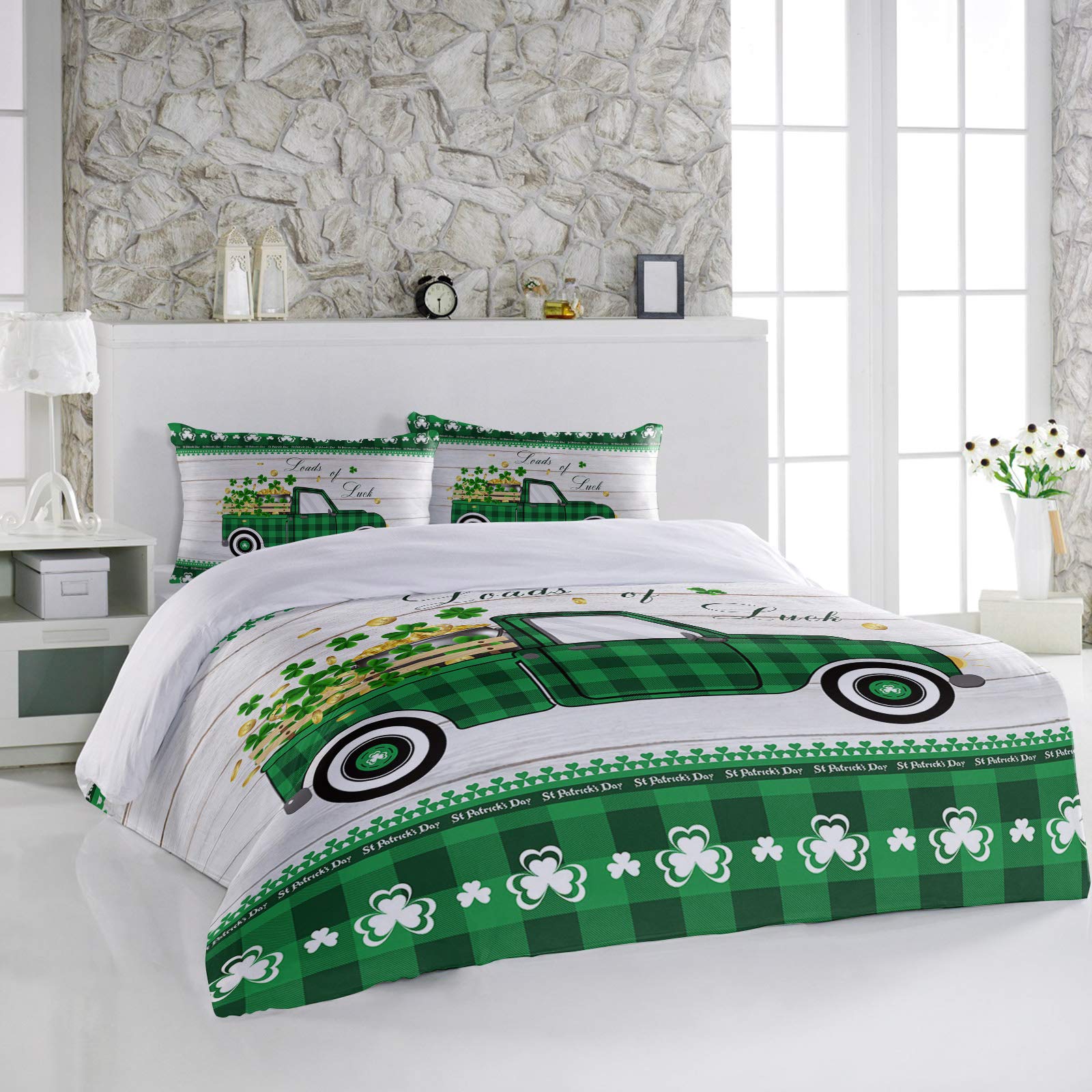 3 Pieces Duvet Cover Cal King Bedding Sets St. Patrick's Day Green Shamrock Plaid Retro Wood Board Soft Comforter Cover with Pillowcases Spring Clover Coin Microfiber Quilt Covers Set for Bedroom