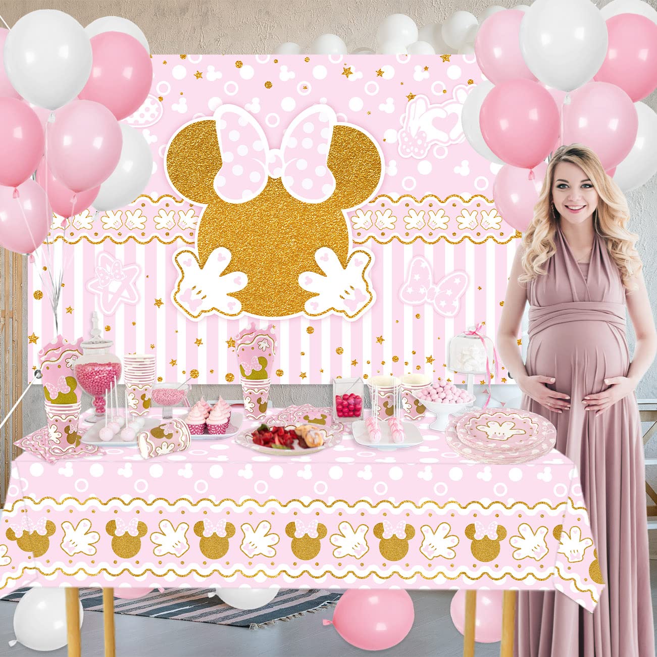 Haimimall Minnie Party Supplies Tableware Set Baby Shower Girl Minnie Theme Mouse Birthday Party Include Backdrop,Tablecloth,Plates,Napkins,Cups,Balloons Baby Shower Decorations Dinnerware Serve 20