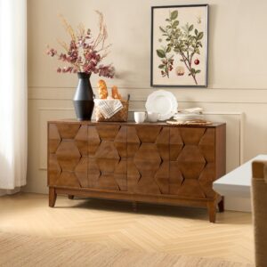 hulala home mid century sideboard buffet cabinet with solid wood legs, 60" kitchen storage cabinet credenza with 4 doors and 2 shelves, accent console table, walnut