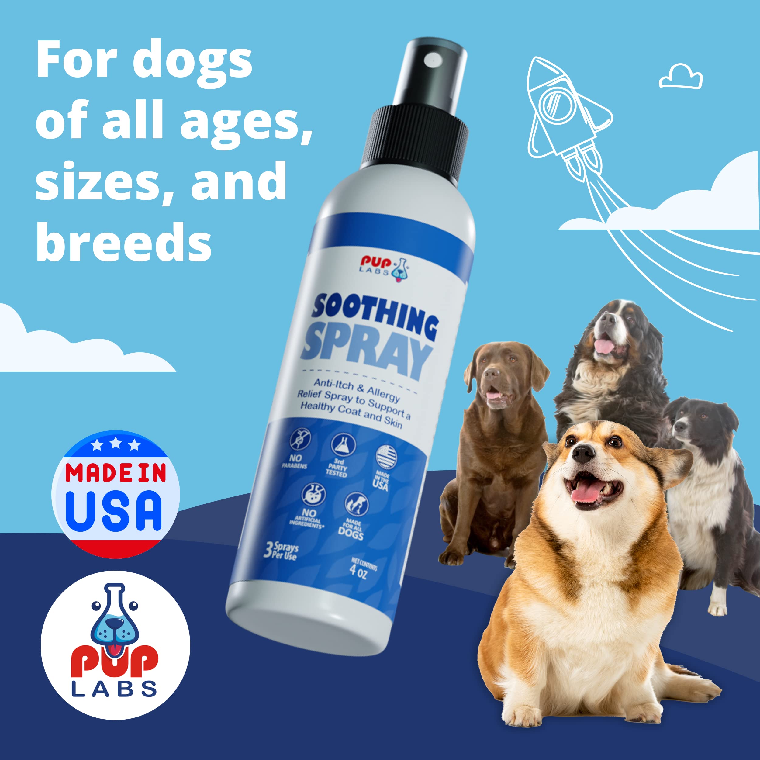 Pup Labs Soothing Spray - Natural Moisturizer Flushes Out Root Cause of Itching and Scratching - Hot Spot Relief for Dogs with BioFlavin Extract - Made for All Dogs and in The USA, 4 Fluid Ounces