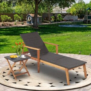 HAPPYGRILL Patio Lounge Chair with Folding Side Table Set, 4-Position Adjustable Recliner with Fully Flat Position, Outdoor PE Wicker Chaise Lounge with Acacia Wood Frame