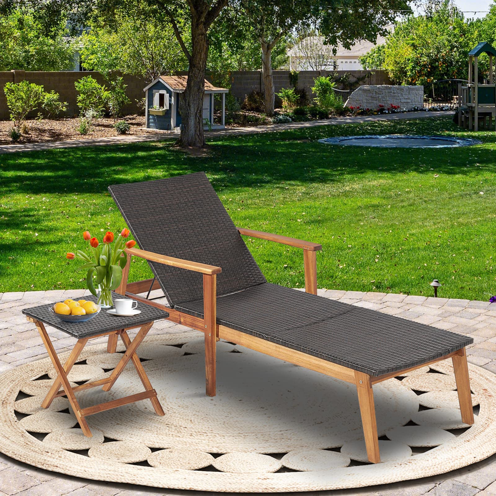 HAPPYGRILL Patio Lounge Chair with Folding Side Table Set, 4-Position Adjustable Recliner with Fully Flat Position, Outdoor PE Wicker Chaise Lounge with Acacia Wood Frame