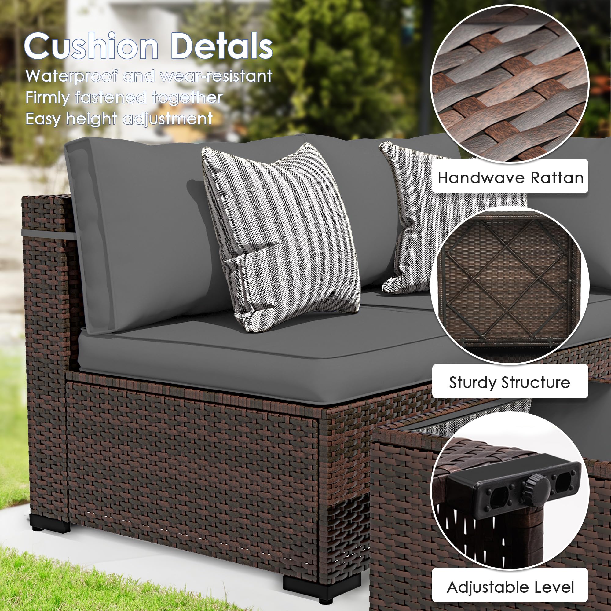 Amopatio 9 Pieces Patio Furniture Set All Weather Outdoor Sectional Sofa, Outdoor Modern Sectional Furniture Wicker Couch with Glass Coffee Table, Thicken Grey Cushions, Waterproof Cover