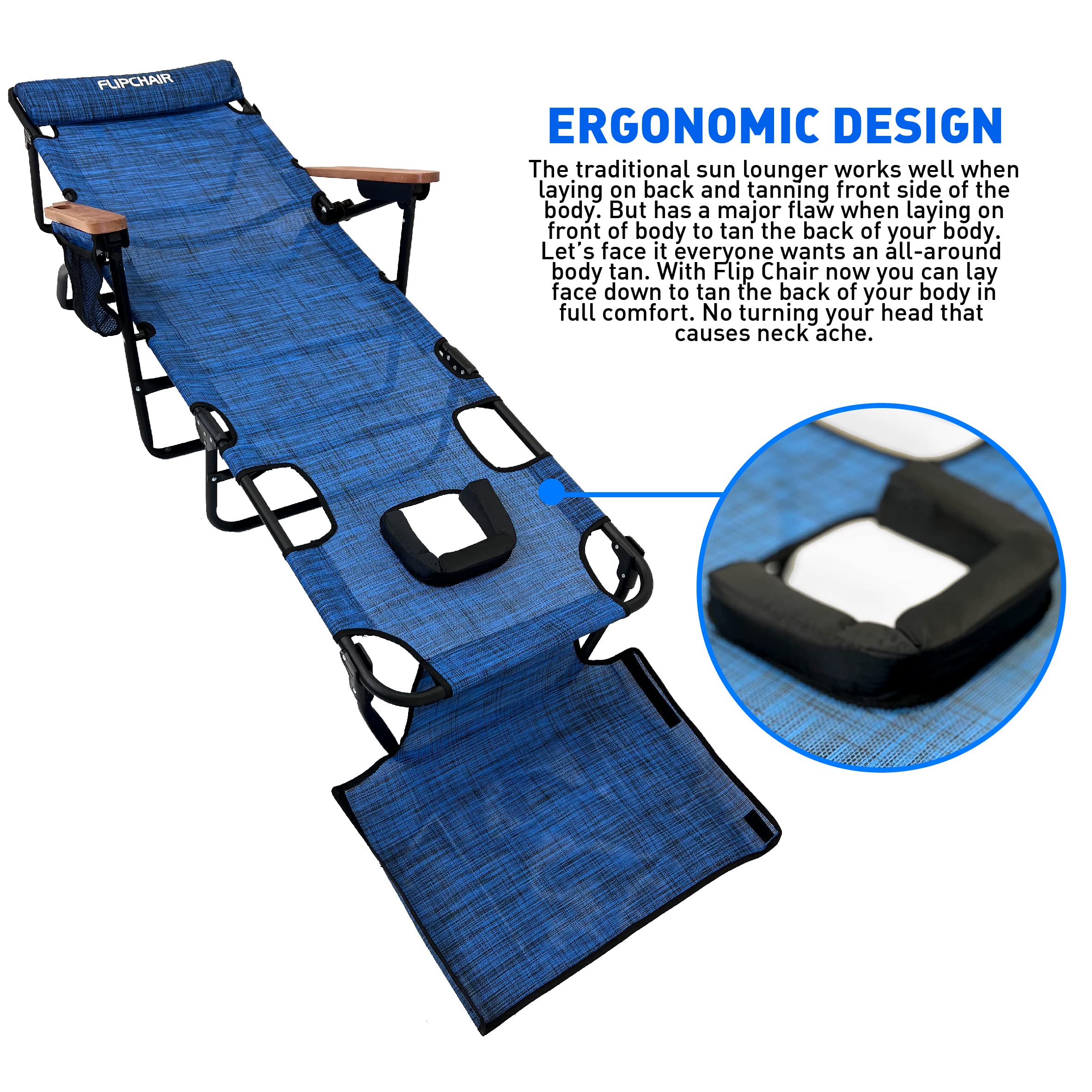 EasyGo Product FLIP Face Down Tanning Chaise Lounge Chair with Face & Arm Holes-4 Legs Support-Textilene Material-6 Position-Arm Head Rest Pillow-Beach or Home Use-PATENTS Pending, Blue