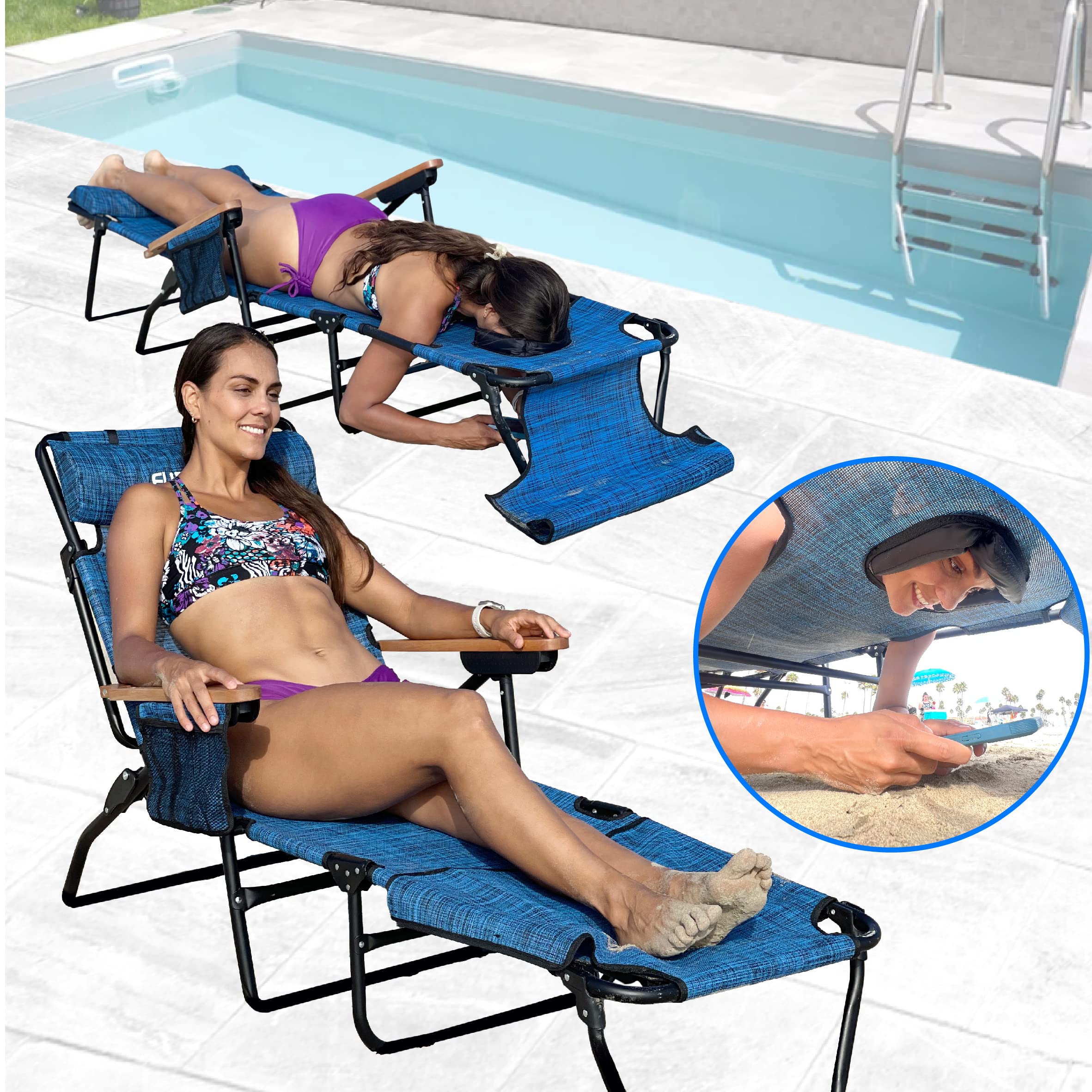 EasyGo Product FLIP Face Down Tanning Chaise Lounge Chair with Face & Arm Holes-4 Legs Support-Textilene Material-6 Position-Arm Head Rest Pillow-Beach or Home Use-PATENTS Pending, Blue