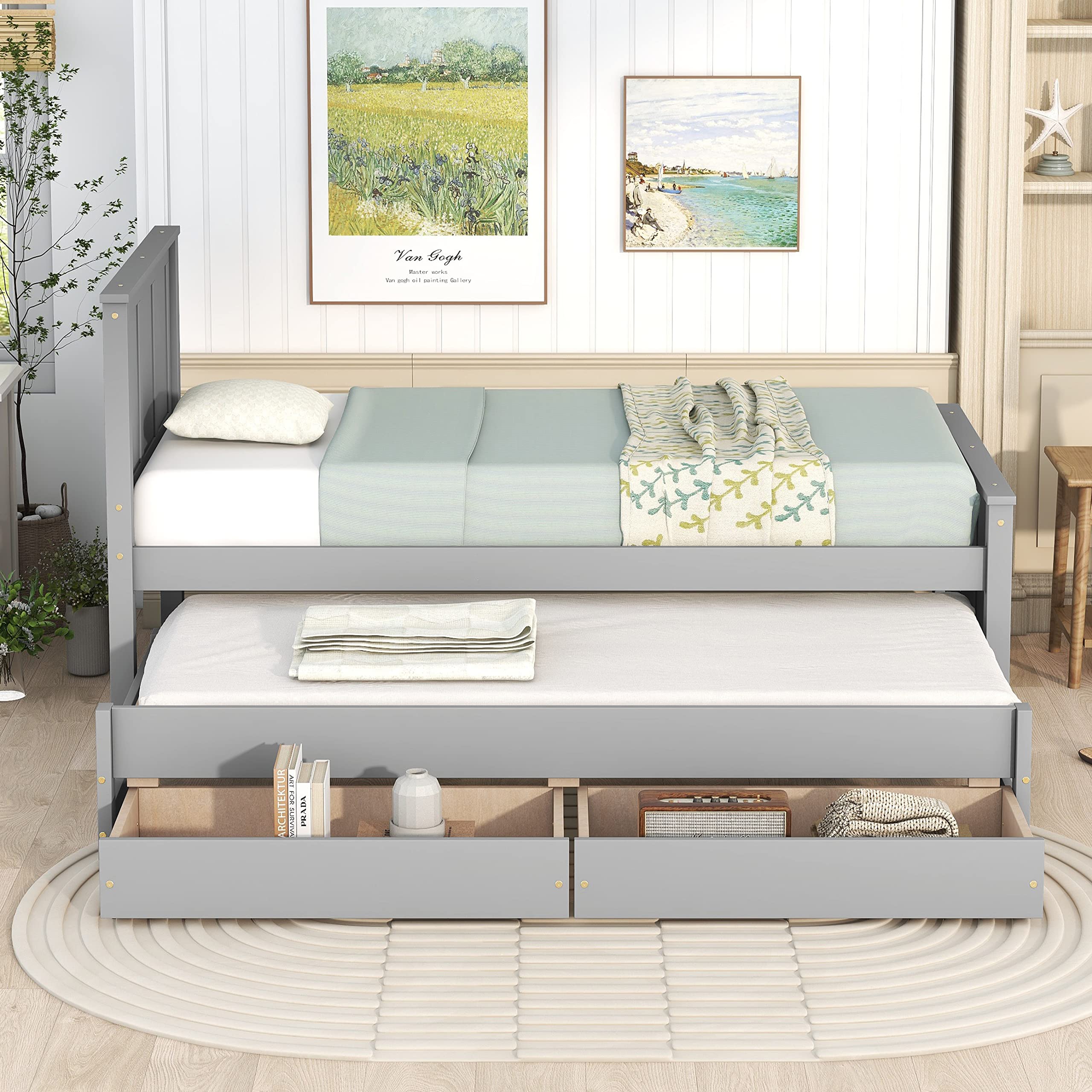 Merax Wood Bed with Trundle and 2 Drawers Twin Daybed Frame for Kids Teens Adults/No Box Spring Needed Grey