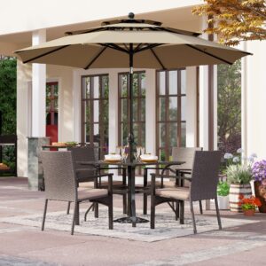 PHI VILLA 5 Pieces Outdoor Dining Set with Umbrella for 4, 37" Square Metal Dining Table & 4 Cushioned Wicker Rattan Chairs with 10ft Beige Umbrella for Patio, Deck, Yard, Porch