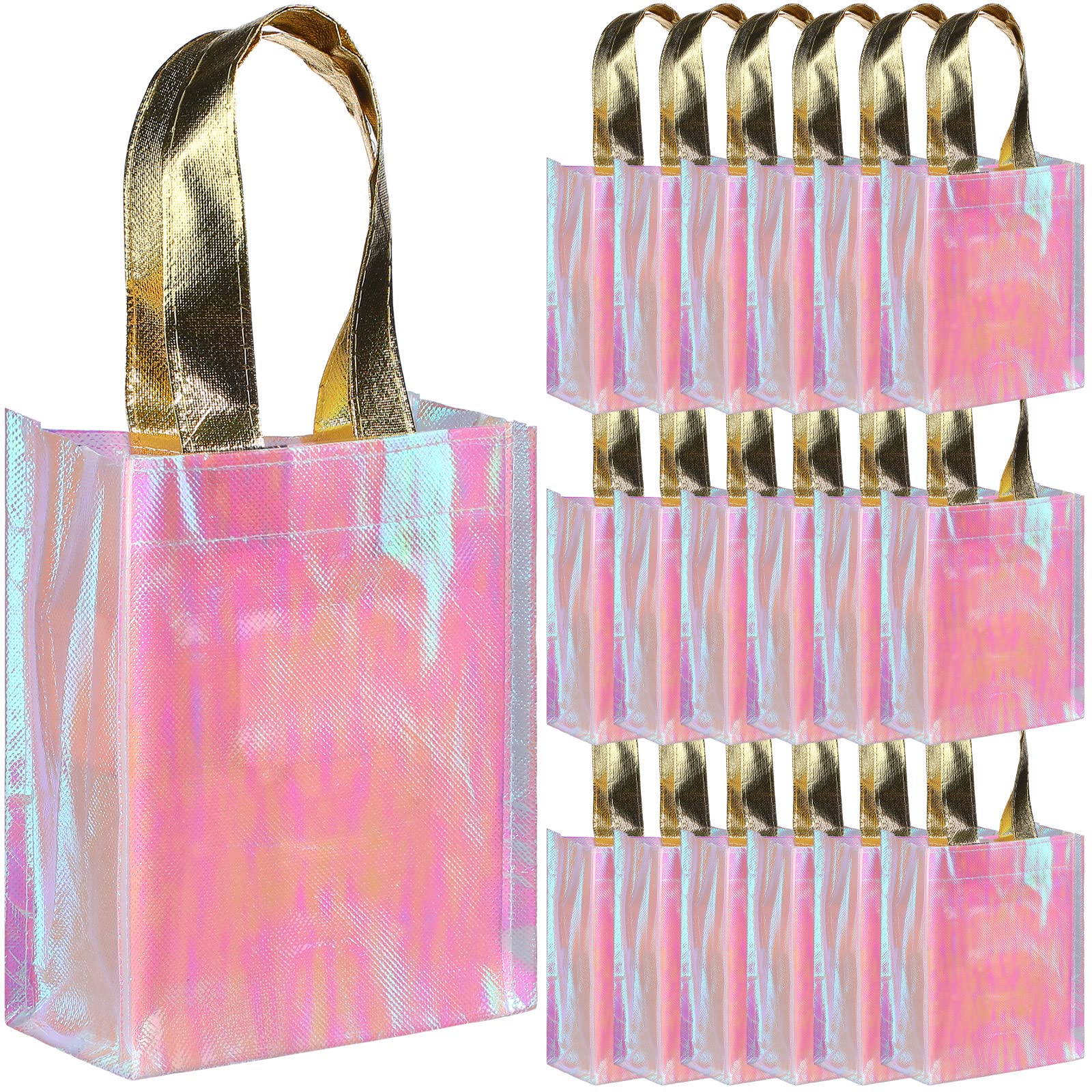 Jutom 20 Pieces Iridescent Gift Bags Bulk Reusable Tote Bag Party Favor Bags with Glossy Finish Birthday Gift Bags with Handles for Christmas Party Wedding(6 x 3 x 8 Inch,Pink)