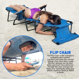 EasyGo Product FLIP Face Down Tanning Chaise Lounge Chair with Face & Arm Holes-4 Legs Support-Textilene Material-6 Position-Arm Head Rest Pillow-Beach or Home Use-PATENTS Pending, Blue